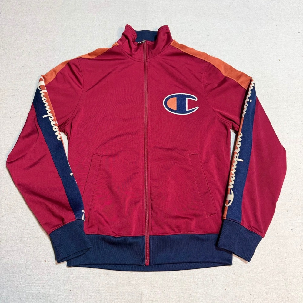 Champion Track Jacket Small Mens Retro Logo Tape Full Zip Burgundy Polyester